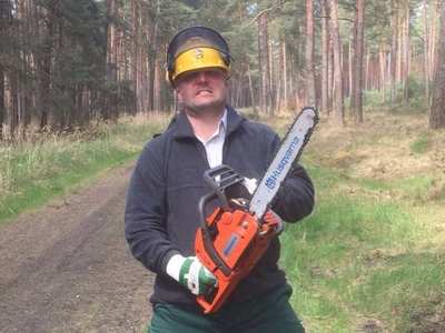 Selbstwerber mit Motorsäge, Schutzhelm und Schnittschutzhose im Kiefernwald